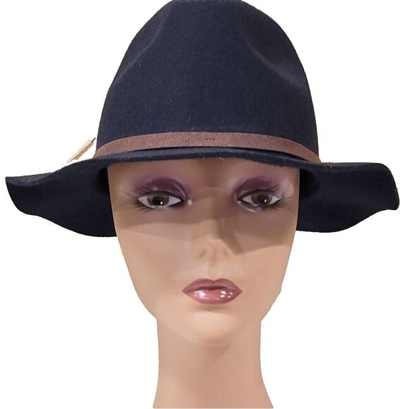 Chico's Woman's Classic Fedora Hat Dark Blue 100% Wool Tan & Gold Trim ~7.5 in - Picture 3 of 11